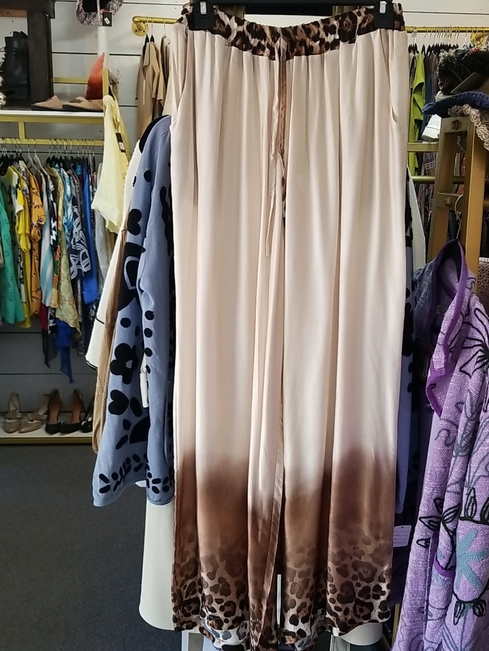 Women's Cream to Brown Ombre Wide-Leg Pants with Leopard Trim - Picture 1 of 6